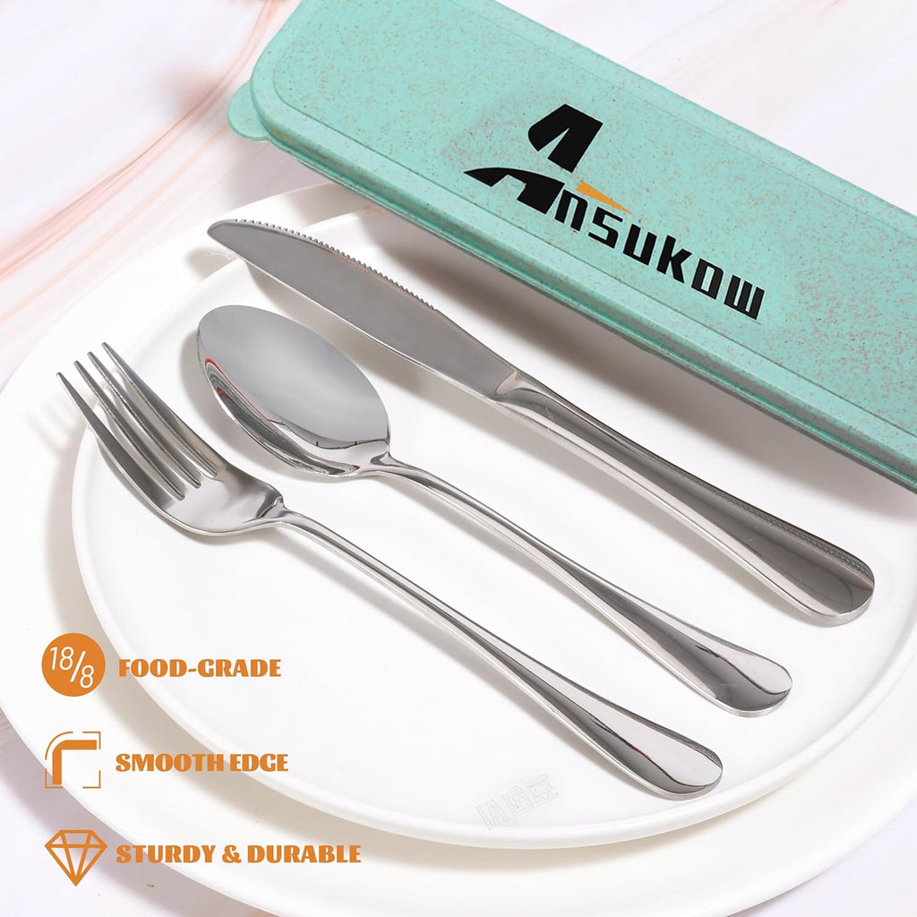 4 Piece Travel Utensils Camping utensils Travel Silverware Set with Case Fork and Spoon Set Office Stainless Steel Reusable Trip Cutlery Set Easy to journey Lightweight Lunch Box for Men