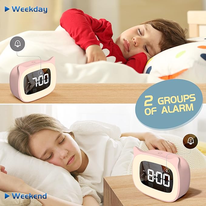 Kids Alarm Clock with Night Light & 18 Ringtones,Rechargeable,Cute Cat Ear Clock for Boys Girls Birthday Presents,Digital Clock for Children's Bedroom(Pink)-BubblyBeeBaby