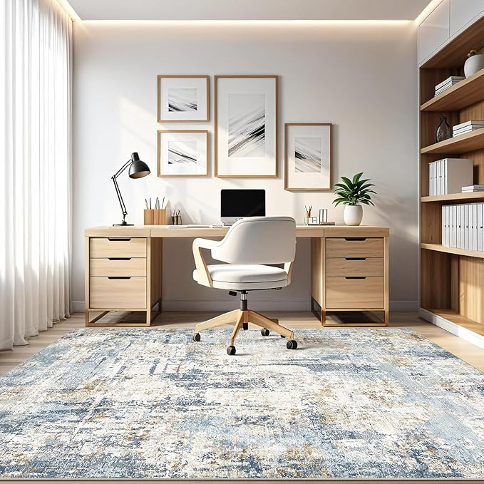 10x12 Area Rug Living Room: Washable Large Abstract Modern Soft Rugs Stain Resistant Indoor Floor Non Slip Accent Carpet for Bedroom Nursery Playroom Office Dining Room Dorm Home House- Light Blue-BubblyBeeBaby