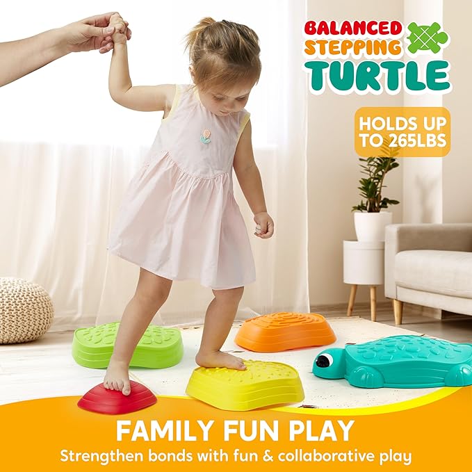 JOYIN 5 Pcs Turtle Balance Stepping Stones, Kids Turtle Path Jumping Stones, Toddler Obstacle Course Coordination Game Toys Indoor or Outdoor Play for Kids Aged 3+-BubblyBeeBaby