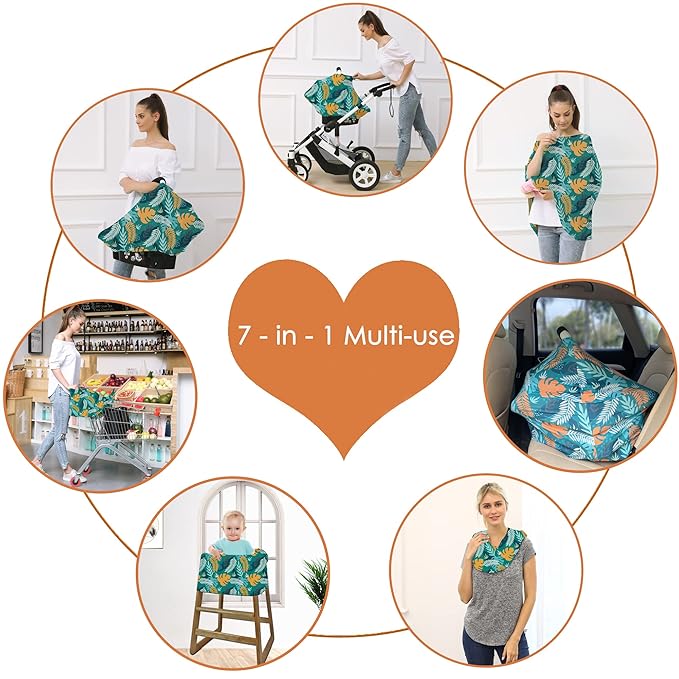 Carseat Cover Boy and Girls - Multi-use Nursing Car Seat Canopy Cover for Breastfeeding, Infant Stroller Cover, High Chair Cover (Green Leaves)-BubblyBeeBaby