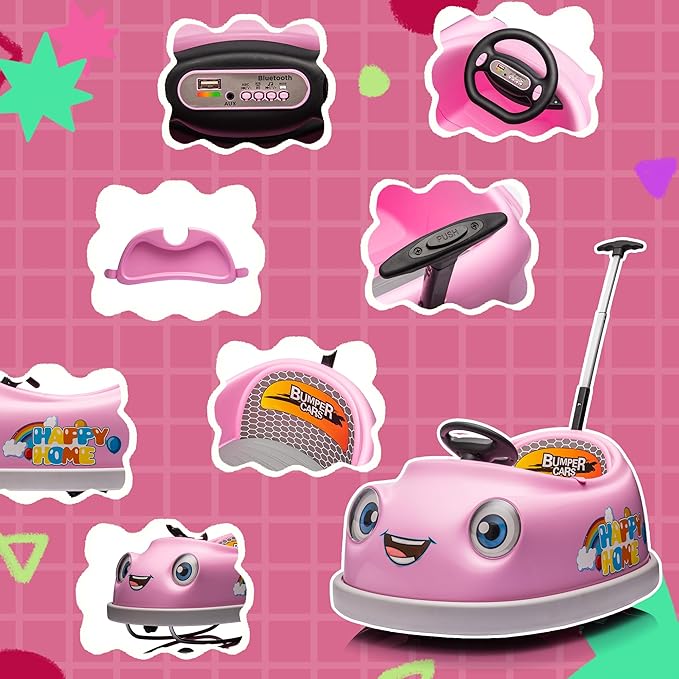 12V Dual Battery Electric Ride on Kids Bumper Car w/Remote Control,360 Degree Spin,Push Rod Rocker Horse Function,3-Speeds Babies & Toddlers Bumping Car Ride on Toy Gift for 1-4 Years Children (Pink)-BubblyBeeBaby