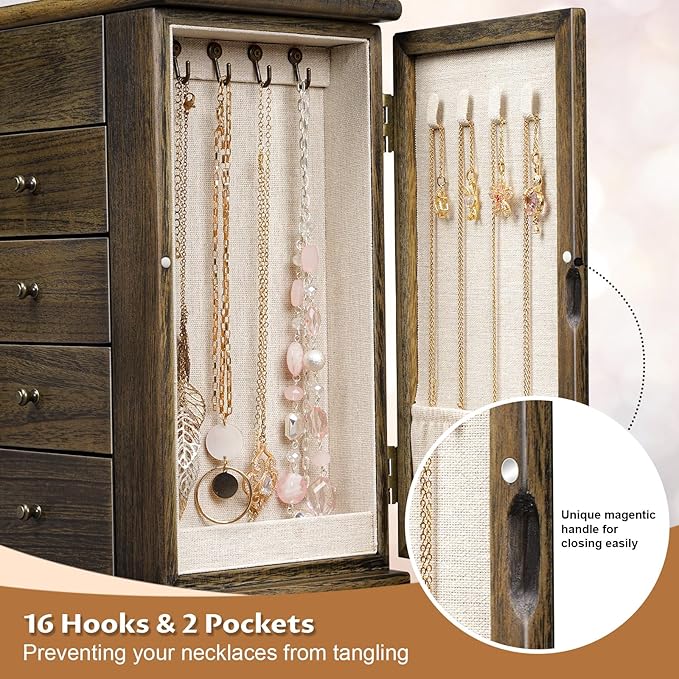 Jewelry Box for Women, 5 Layer Large Wood Jewelry Boxes & Organizers for Necklaces Earrings Rings Bracelets, Rustic Jewelry Organizer Box with Drawers and Mirror(Vintage)-BubblyBeeBaby