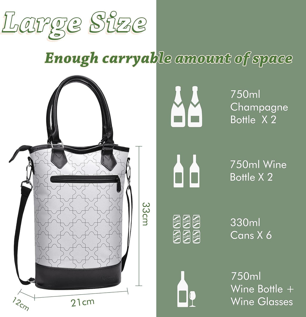 Tirrinia Insulated Wine Gift Carrier Tote - Travel Padded 2 Bottle Wine/Champagne Cooler Bag for Portable Wine Bottle Carrying Case, Women Men Wine Party Bag for Event,BYOB,Beach, Gift for Wine
