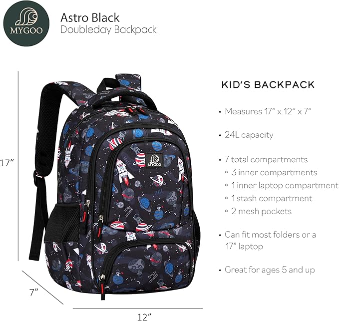 Kids Backpack - Astro Black | Durable Elementary School Bag for Boys | 17" Tall | 24L Capacity-BubblyBeeBaby