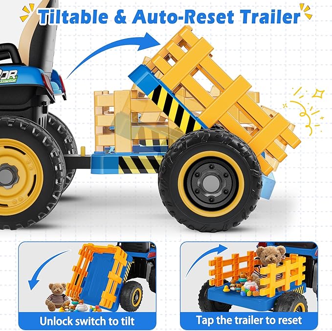 24V Ride On Tractor w/Tiltable & Detachable Trailer, 2x65W Motors, EVA Tires, Remote Control, Bluetooth, Shifter, Music, Electric Car for Kids Ages 2-5, Blue-BubblyBeeBaby