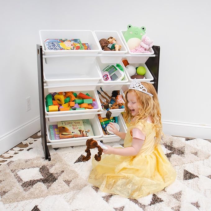 Humble Crew Kids Toy Storage Organizer with 12 Plastic Bins, Espresso/White – Removable Bins for Playroom, Bedroom, Toddler Furniture for Boys and Girls Ages-BubblyBeeBaby