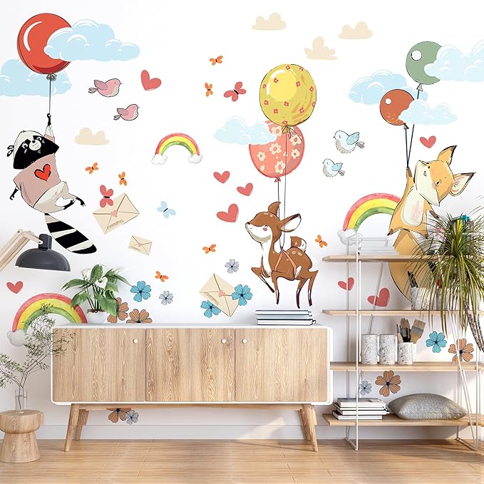 Hot Air Balloon Wall Decals by Lipastick - Peel and Stick Animal Stickers Raccoon, Fox, Koala, Panda for Kids Room, Nursery, Playroom, Bedroom - Removable Wall Decor for Boys, Girls, Babies - XXL Size-BubblyBeeBaby