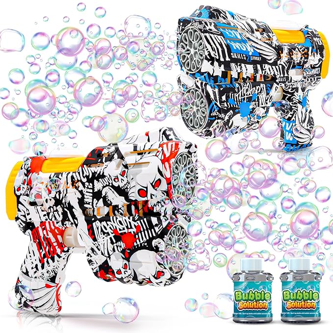 2 Pack Bubble Guns for Kids, Rechargeable LED Light Up Graffiti Bubbles Machine Blower with 2 Bottles Refill Solution for Kids 4-8, Bubble Makers Blaster for Toddlers-BubblyBeeBaby