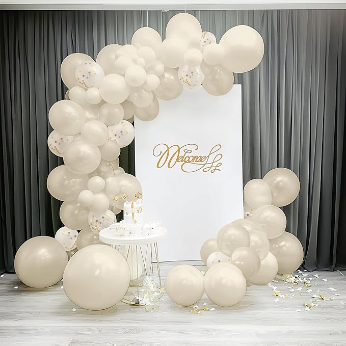 JOYIN 150 Pcs Sand White Balloons, Different Sizes 18 12 10 5 Inch Sand White Latex Balloon Arch Kit with Instruction for Birthday Party Graduation Wedding Holiday Decoration-BubblyBeeBaby