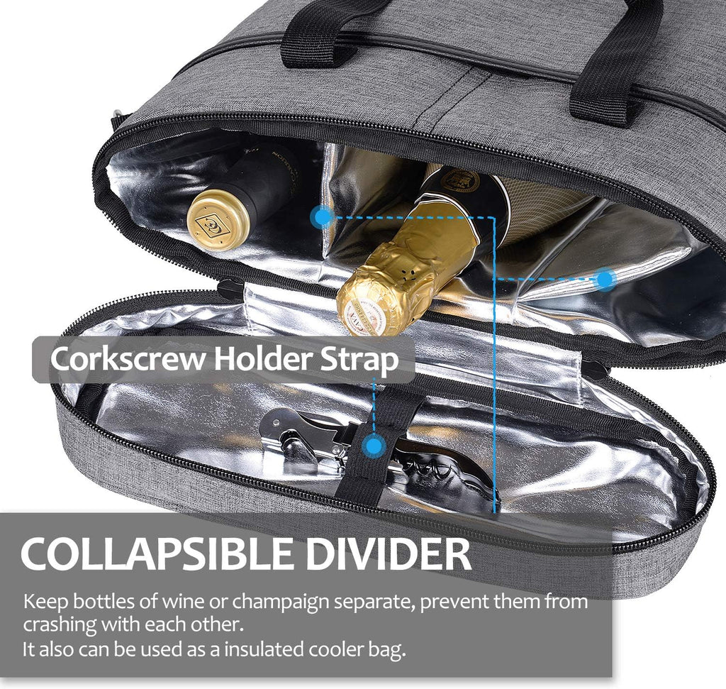 Tirrinia Insulated Wine Gift carrier - 3 Bottle Travel Wine Carry Cooler Tote Bag with Handle and Adjustable Shoulder Strap, Grey