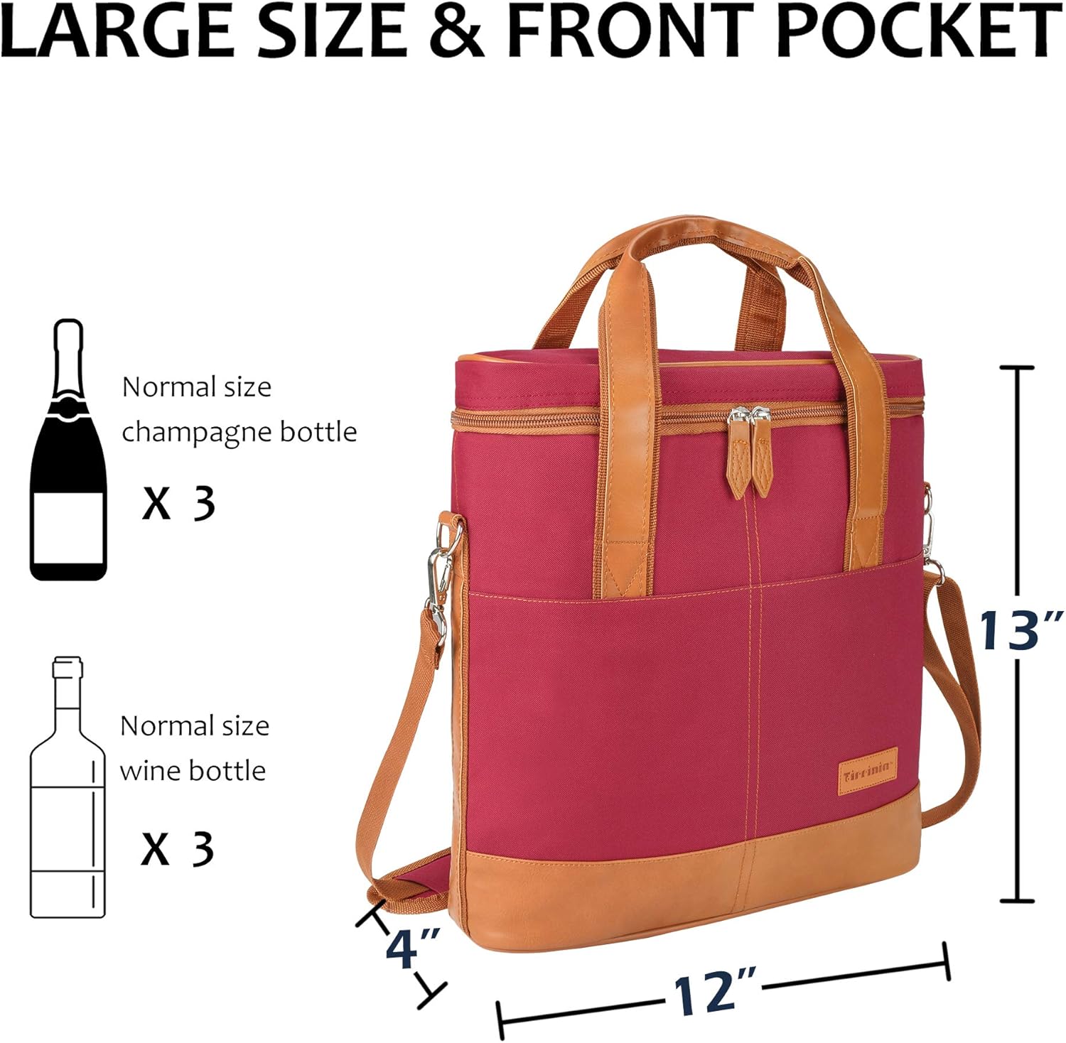 Tirrinia Insulated Wine Gift carrier - 3 Bottle Travel Padded Wine Carry Cooler Tote Bag with Handle and Adjustable Shoulder Strap, Red