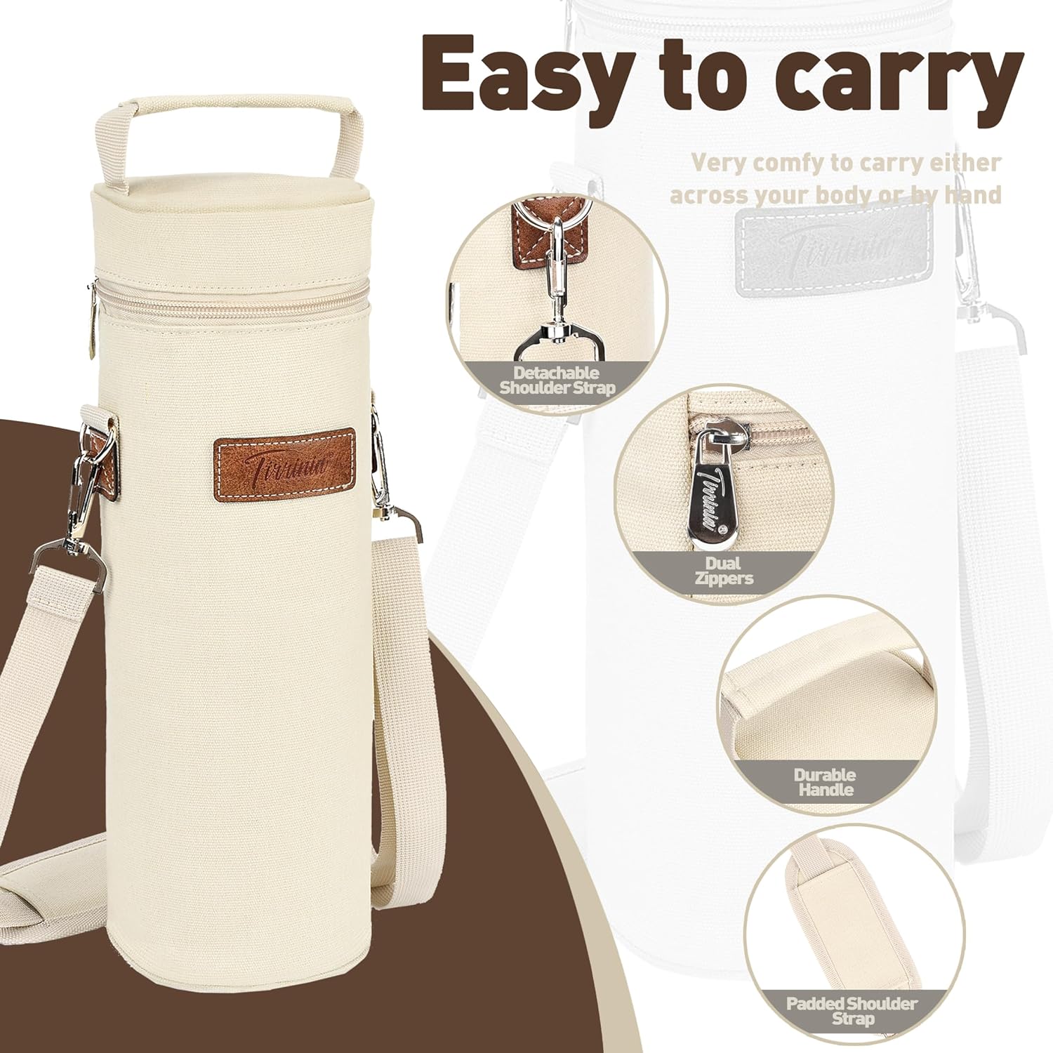 Tirrinia Single Wine Cooler Bags - Insulated & Padded Portable Wine Gift Tote Carrier for Travel, BYOB Restaurant, Wine Tasting, Party, Great Gift for Wine Lover, Beige
