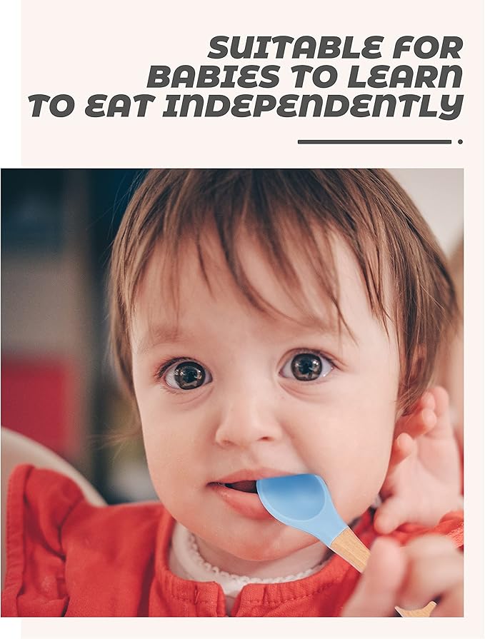 10 pcs Baby Spoons and Forks, First Stage Baby Led Weaning Spoons, Chewable Baby Utensils for Self-Feeding, Bamboo and Silicone Baby Utensils, Kids Utensils for Over 6 Months Babies-BubblyBeeBaby