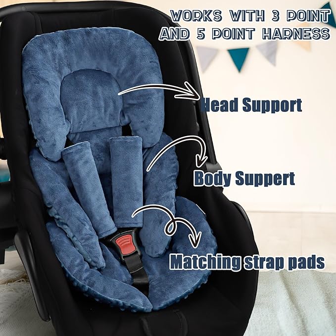 Infant Car Seat Insert Head and Body Support, GFU Reversible Newborn Insert for Carseat with Strap Pads, Soft Stroller Cushion Pillow Insert for Boys and Girls, Fits for Stroller, Swing, Blue-BubblyBeeBaby