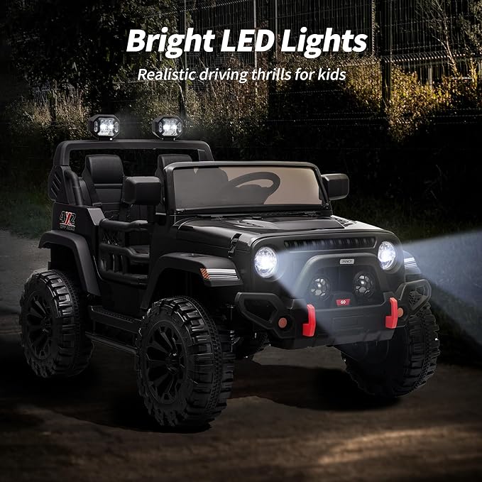 2 Seater Ride on Car Truck, 12V Kids Electric Ride on Toy for Big Kids Age 3-8 w/Remote Control- Black-BubblyBeeBaby