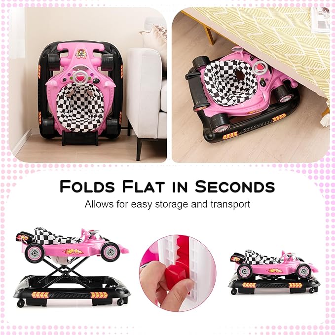 HONEY JOY Baby Walker, 4-in-1 Foldable Infant Activity Push Walker, Toddler Car Walker w/Adjustable Heights, Music, Lights, Removable Tray, Baby Walker with Wheels for Boys Girls 7-14 Months (Pink)-BubblyBeeBaby