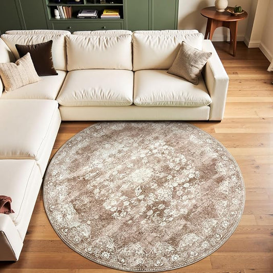 jinchan Round Rug 6ft Area Rug - Brown Vintage Floor Mat Kitchen Indoor - Washable Circle 6' Thin Floral Print Carpet Retro Farmhouse Non Slip Dining Room Living Room Bedroom Office-BubblyBeeBaby