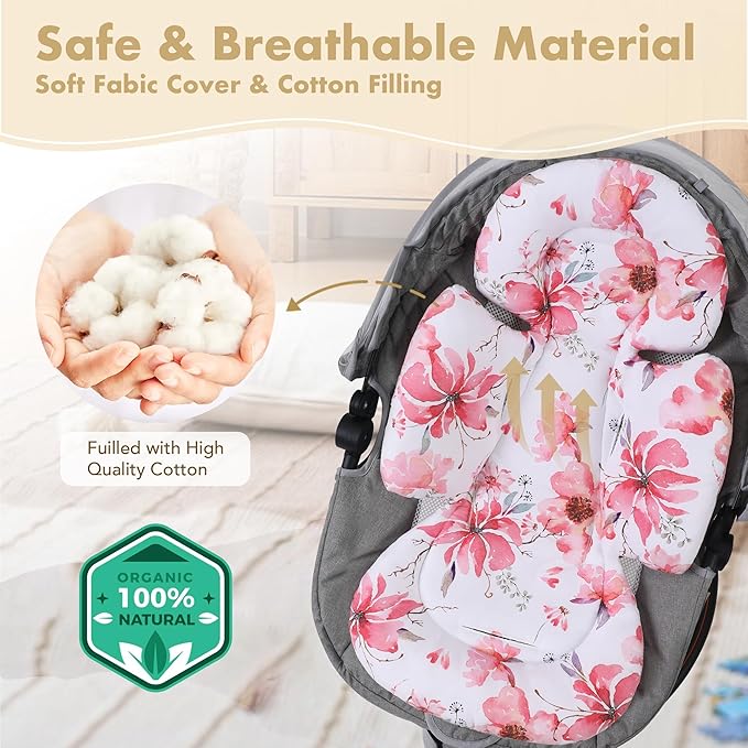 Infant Car Seat Insert, 2-in-1 Head & Body Carseat Support for Baby Newborn Toddler with Strap Covers, Reversible Ultra-Soft Cushion for Baby Carseat, Stroller, Swing & Bouncer-BubblyBeeBaby