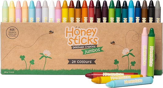 Honeysticks Jumbo Crayons (24 Pack) - Non Toxic Crayons - 100% Pure Beeswax and Food Grade Colors - 24 Bright Colors - Large, Easy to Hold and Use - Preschool Art Supplies for Toddlers/Kids 3-5, 4-8-BubblyBeeBaby