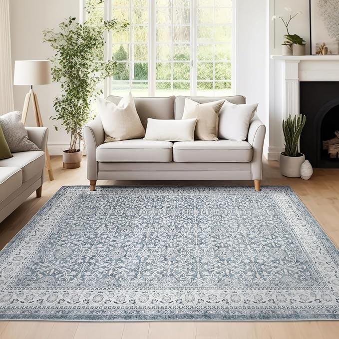 jinchan Floral Area Rugs 4x6 - Machine Washable Vintage Distressed Boho Design Throw Rug Stain Resistant Carpet Low Pile Ultra-Thin Non-Slip for Bedroom Living Room Dining Room Kitchen (4‘x6',Grey)-BubblyBeeBaby