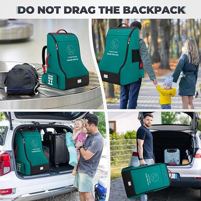 RAINSMORE Padded Car Seat Travel Bag for Airplane Heavy Duty Car Seat Backpack for Air Travel Baby Carseat Cover Bags for Airport Large Car Seats Carrier Fits Car Seats & Booster Seats, Green-BubblyBeeBaby
