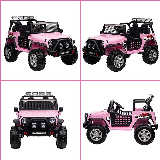 24V 4WD Ride on Truck Car w/800W Motors, Gift Flower, Remote Control, 2 Seaters, Light Bar, 3 Speeds, Pop Music, Power Four Wheels, 25 Volt Ride on Toy Car for Big Kids, Pink-BubblyBeeBaby