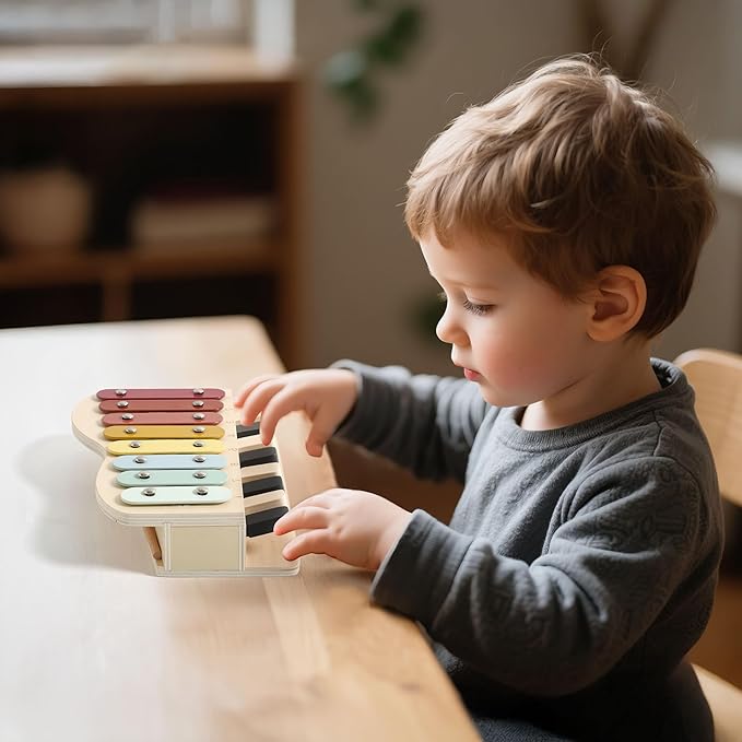 IEATFO 2-in-1 Piano Xylophone Wooden Musical Toy for Toddlers 1-3, Educational Musical Learning Instruments with 8 Colorful Keys, 5 Classic Song Sheets, Montessori Sensory Music Set for Girls Boys-BubblyBeeBaby