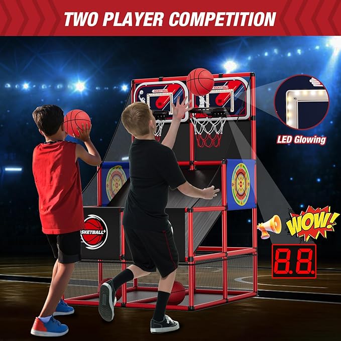 2 in 1 Dual Shot Basketball Arcade Game with 2 Dart Boards/Electronic Scoreboard/LED Light, Kids Basketball Hoop for Home Indoor Outdoor, Sport Toys Gifts for Boys Girls-BubblyBeeBaby