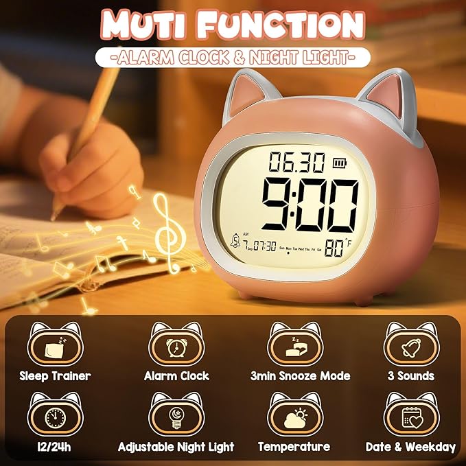 Kids Alarm Clock with Night Light for Kids, Small Digital Alarm Clocks for Bedrooms, Routine Builder, Cute Cat Alarm Clock with Sleep Training, Snooze, 12/24H, Date & Day, Temperature, USB Port-BubblyBeeBaby