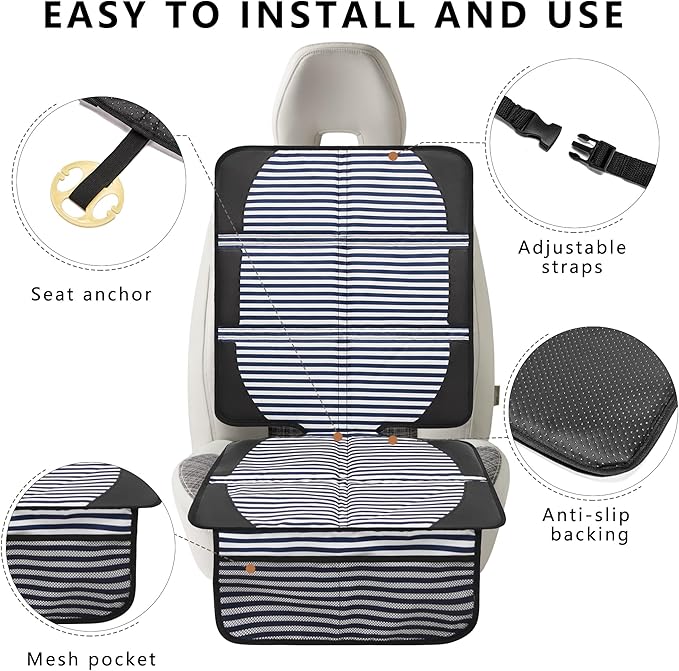 Car Seat Protector for Child Car Seat, 2 Pack Baby Car Seat Covers with Mesh Pockets & Non-Slip Backing 600D Durable Seat Protector Under Baby Car Seat for Car Back Seat (Stripe, Large)-BubblyBeeBaby