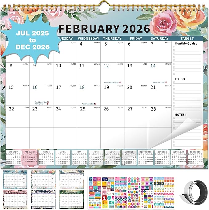 2025-2026Calendar, 18 Month Wall Calendar 2025-2026 Hanging Spiral Bound Magnetic Fridge Desk Calendars 15" x 12", Jul 2025 - Dec 2026, A- Small Rainbow-BubblyBeeBaby