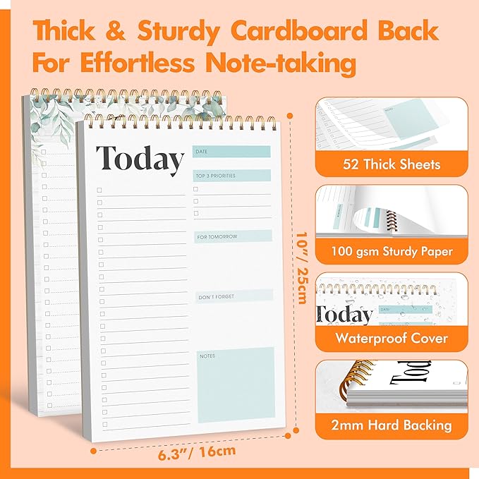 2 To Do List Notepads, Daily Planner Notebook with Tear-off Design, Undated Writing Organizer for Daily Tasks and Goal, Coiled Task Track Checklist Productivity Pad for Office, Classroom, Home, School-BubblyBeeBaby