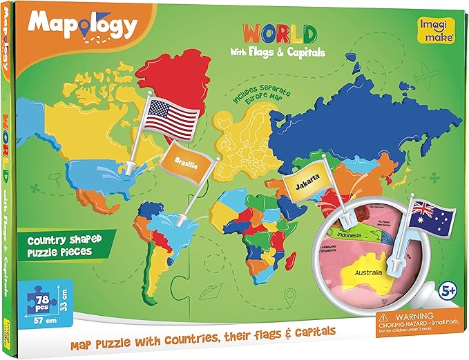 Imagimake Mapology World Map Puzzle - Includes Country Flags & Capitals | Fun Jigsaw Puzzle Kids Ages 5-8 | Educational Toys for Ages 8-13 | Geography Gifts for Girls & Boys 5, 6, 7, 8, 9, 10, 11, 12-BubblyBeeBaby