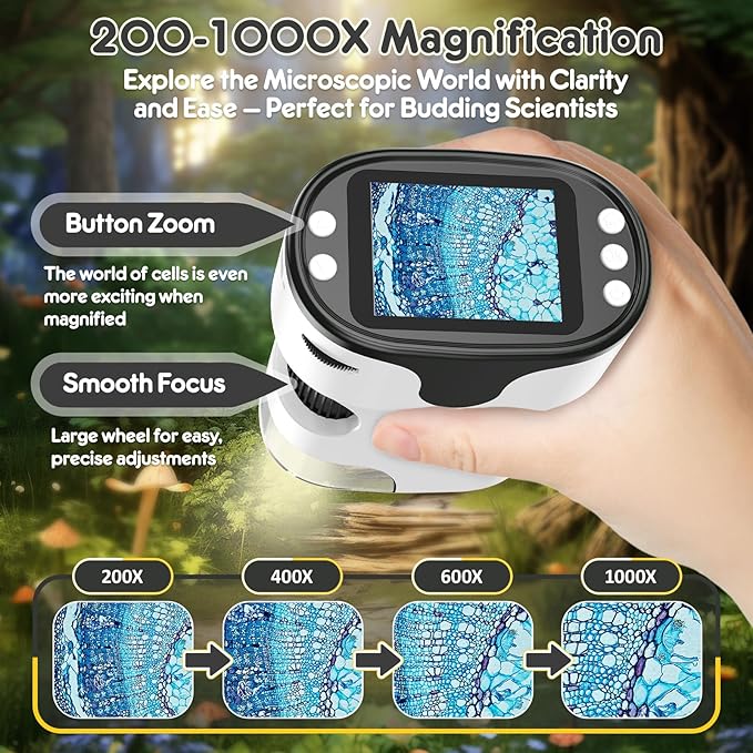1000X Handheld Microscope for Kids 4K 2.0" Screen Rechargeable Mini Pocket Digital Microscopes w/Slides Kit Portable Edu Gift Age 4-6 8-12 Children Students (White)-BubblyBeeBaby
