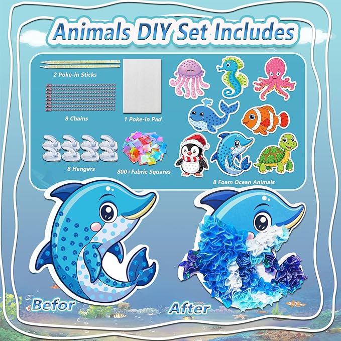 JRD&BS WINL Magical Ocean Animal Poke Art - Dolphin, Jellyfish, Seahorse, Turtle, Octopus | No-Mess Craft Kit for Kids 4-9 | Marine Biology Learning Toy | Creative Gift for Preschoolers-BubblyBeeBaby