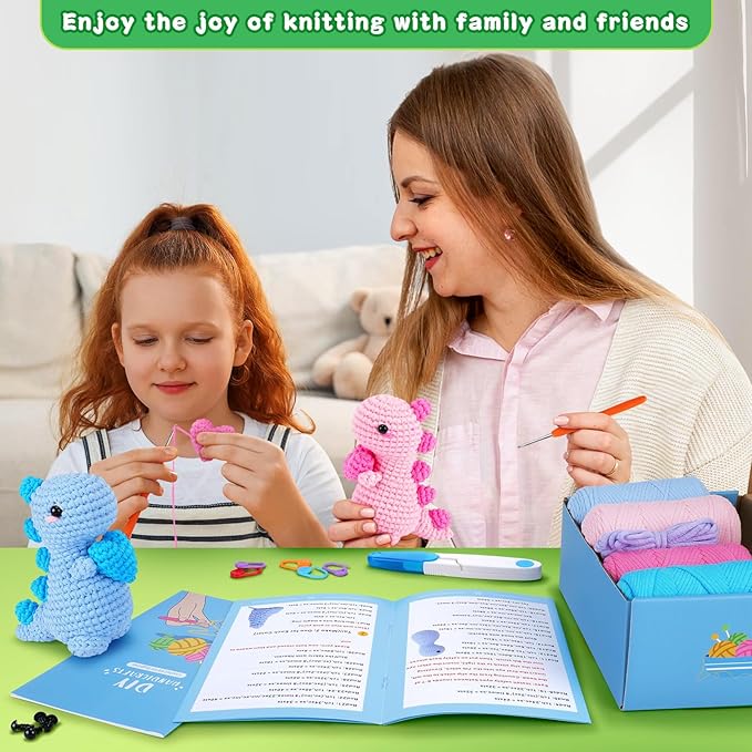 Heart Dinosaurs Crochet Kit for Beginners - 2PCS Blue and Pink Dinosaurs Crochet Kit with Step-by-Step Video Tutorials, Dinosaur Crochet Starter Kit for Adult Kid, Crochet Stuffed Animal Knitting Kit-BubblyBeeBaby