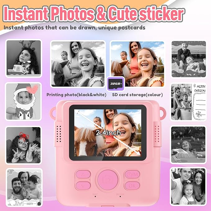 Instant Print Camera for Kids, Christmas Birthday Gifts Girls Boys Age 3-12, HD Digital Video Cameras Toddler, Portable Toy 3 4 5 6 7 8 9 10 Year Old Girl with 32GB SD Card-Pink-BubblyBeeBaby