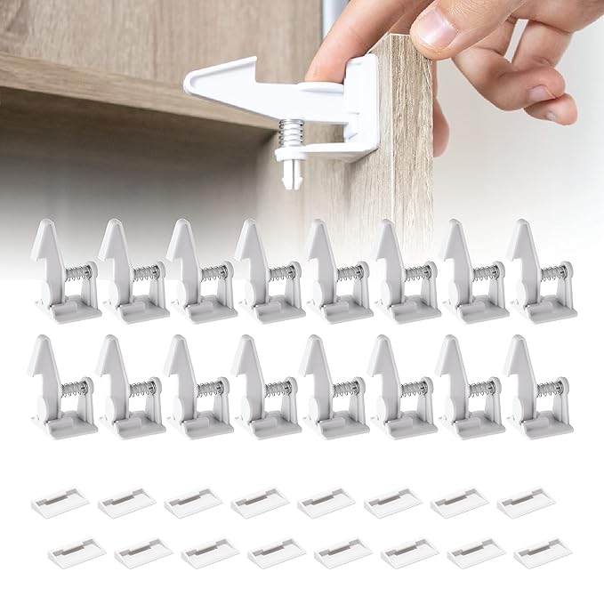 Inaya 16-Pack Cabinet Locks, Child Safety Latches - Baby Proofing Cabinets and Drawer Locks - 3M Adhesive - No Drilling & No Tools Required - Child Proof Your Home-BubblyBeeBaby