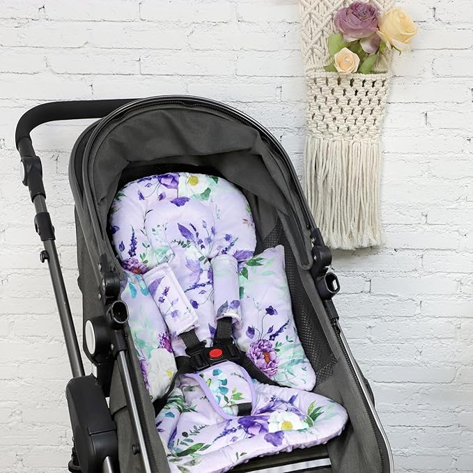 Infant Car Seat Insert and Strap Covers, Very Soft Car Seat Head Support Baby Girl Boy, Reversible Newborn Carseat Insert Cushion Fits for Stroller, Baby Swing, Bouncer (Purple Floral)-BubblyBeeBaby
