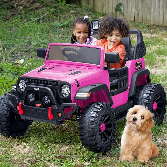 2 Seater Ride on Car Truck, 12V Kids Electric Ride on Toy for Big Kids Age 3-8 w/Remote Control- Hot Pink-BubblyBeeBaby