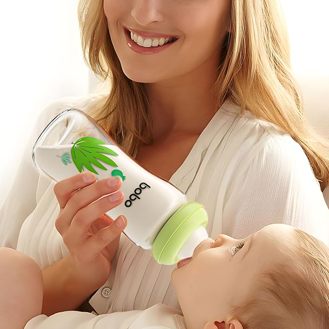 YOHKOH Natural Glass Baby Bottle with Natural Response Nipple, Newborn Anti-Colic Baby Bottles, Wide Neck Mushroom Cap Baby Bottle, Clear (8.8oz (Pack of 4), Green)-BubblyBeeBaby
