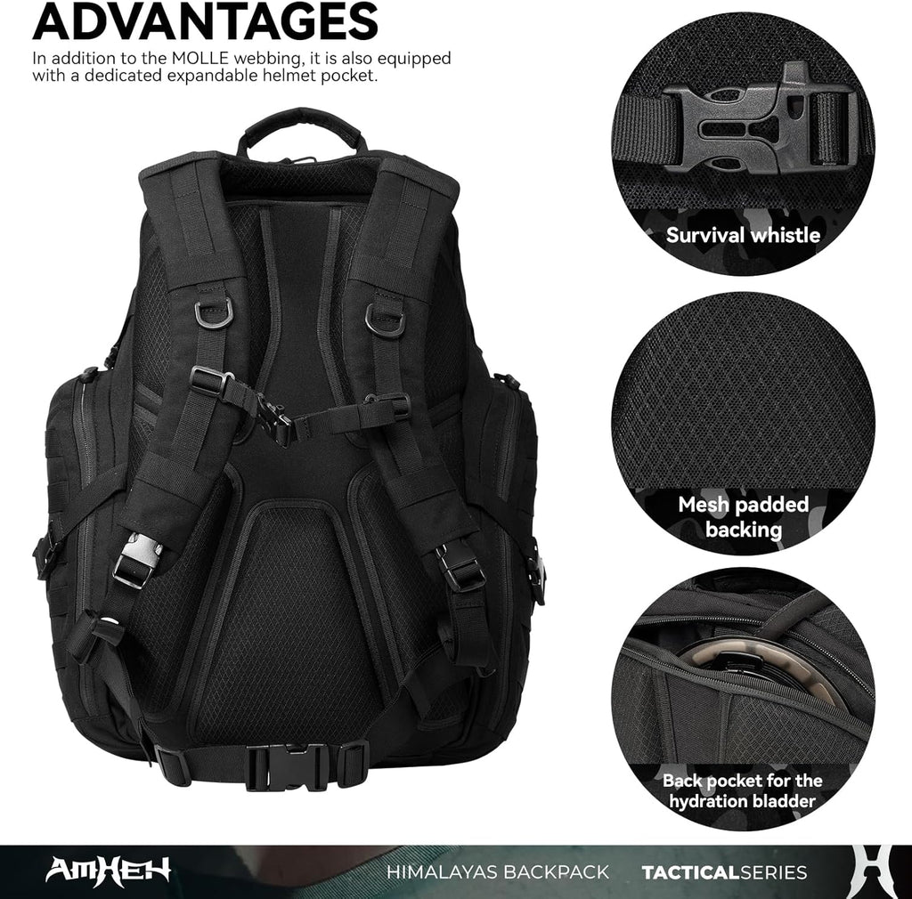 52L Tactical Backpack Military Molle Assault Pack - 3 Day Bugout Survival Rucksack, Hydration Compatible, Black