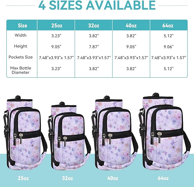 25/32/40/64oz Water Bottle Bag Holder Carrier-Insulated Crossbody Sling Case Sleeve with Strap & Pockets for Men Women Gym Cycling Travel Walking Hiking Camping-BubblyBeeBaby
