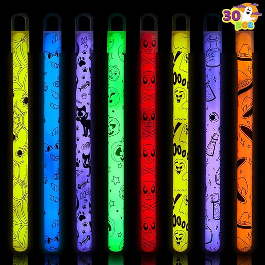 JOYIN 30 Pcs Halloween Glow Sticks Bulk Party Pack, Hanging Wands in 8 Design, 6 Color Light Up Stick for Kid Glow in The Dark Halloween Party Favor Supplies, Goodie Bag Filler, Trick or Treating Gift-BubblyBeeBaby