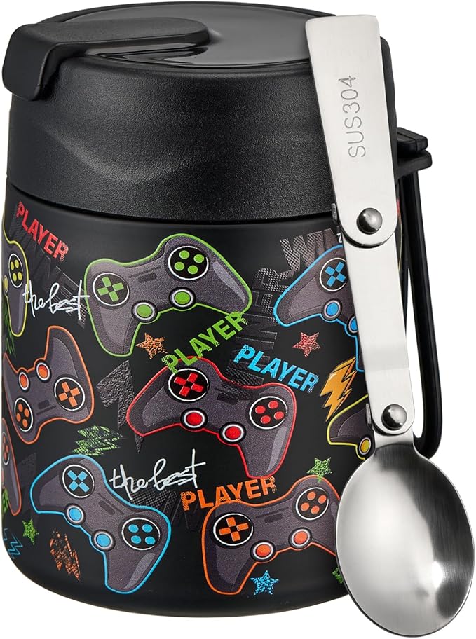 17oz Soup Thermo for Hot Food Kids Insulated Vacuum Food Jar with Stainless Steel Spoon Wide Mouth Thermo Leakproof Lunch Food Container Kids Hot Lunch Box (Black-Game)-BubblyBeeBaby