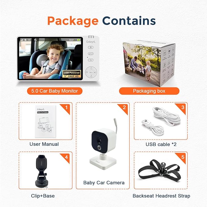 Wireless Baby Car Camera Monitor 5" HD 1080P IPS, 360° Rotating Camera with Auto/Manual Night Vision, 1000ft Range, Anti-Glare Display & USB Charging for Backseat, Home, Travel，Camping-BubblyBeeBaby