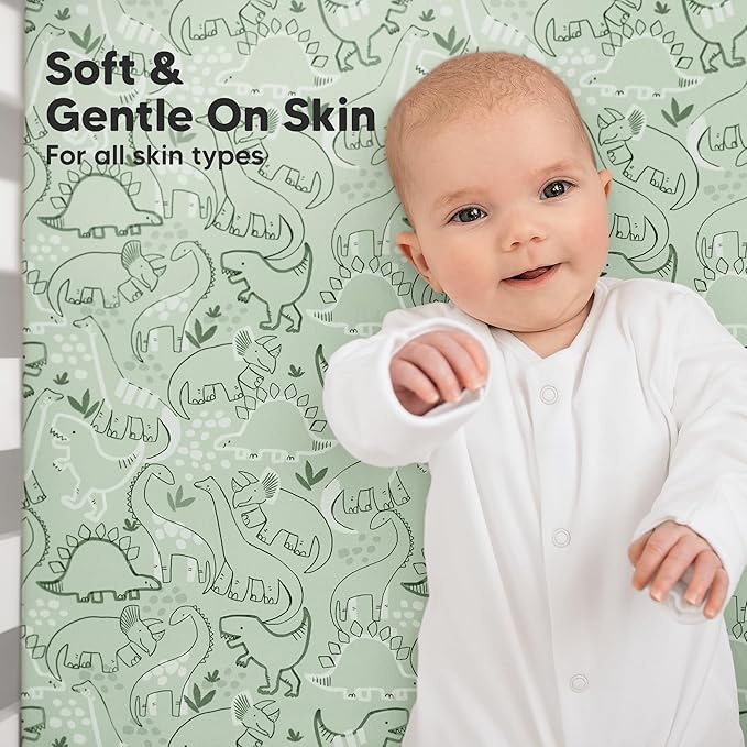 KeaBabies 2-Pack Organic Crib Sheets for Boys, Girls - 52x28 Fitted Crib Mattress Sheet Neutral, Breathable Jersey Cotton Cover for Baby Bed, Toddler Mattress, Soft & Cute Prints (DinoDood)-BubblyBeeBaby