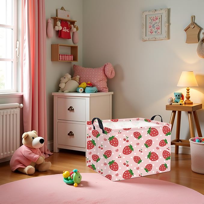 HIYAGON Rectangular Baby Girl Basket Kids Baby Storage Basket Toy Storage Bin Organizer Box Room Decor(Strawberry)-BubblyBeeBaby