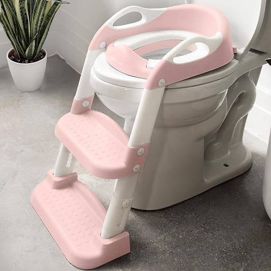 Jool Baby Potty Training Seat with 2 Step Ladder for Toddlers - Soft Cushioned Seat & Splash Guard, Adjustable Height (Pink)-BubblyBeeBaby